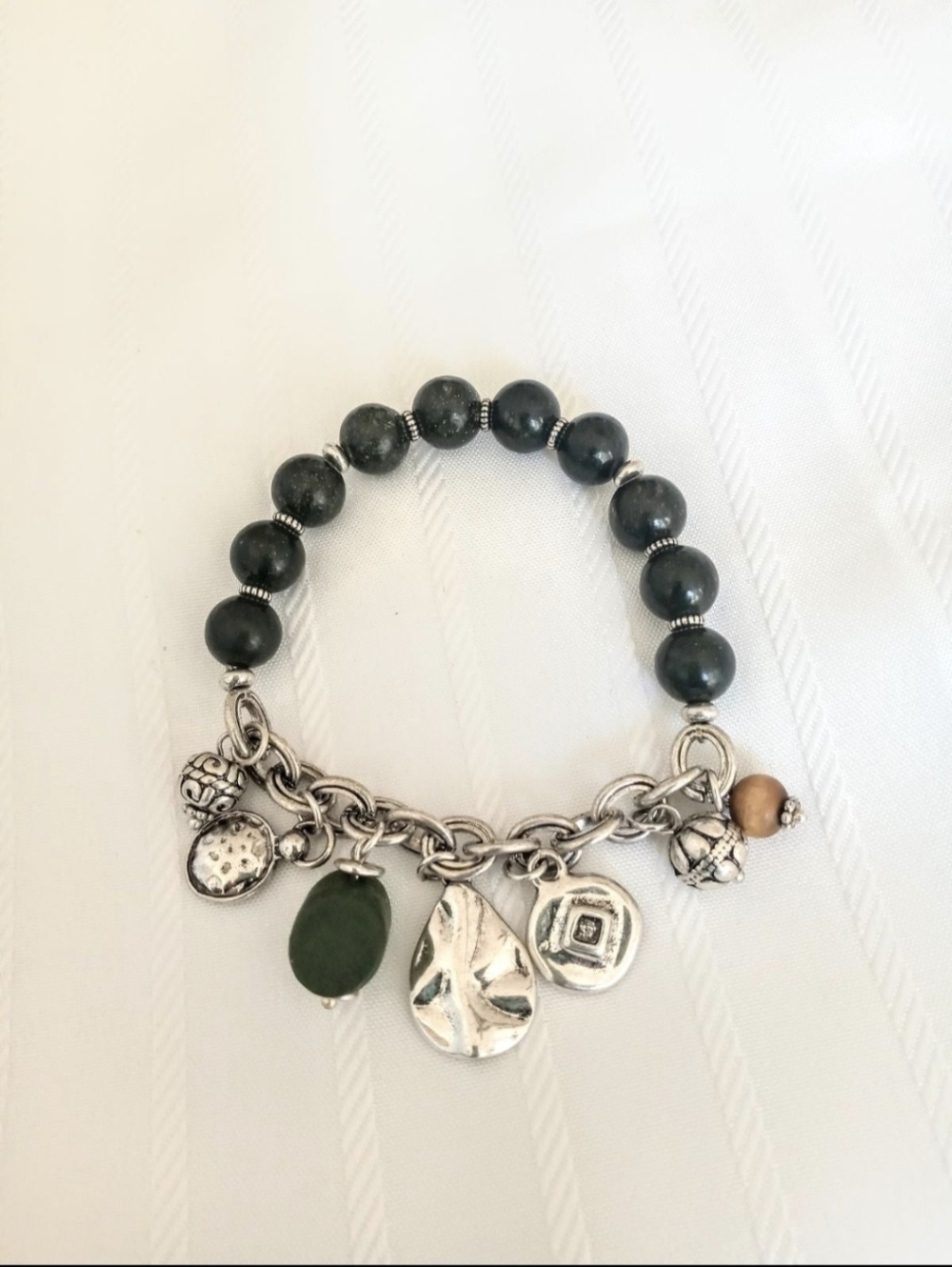 Chico's Dark Olive Beaded Charm Bracelet NWOT